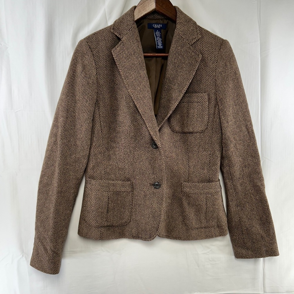Chaps Herringbone Blazer Womens 8 Brown Wool Blend Two Button Jacket
